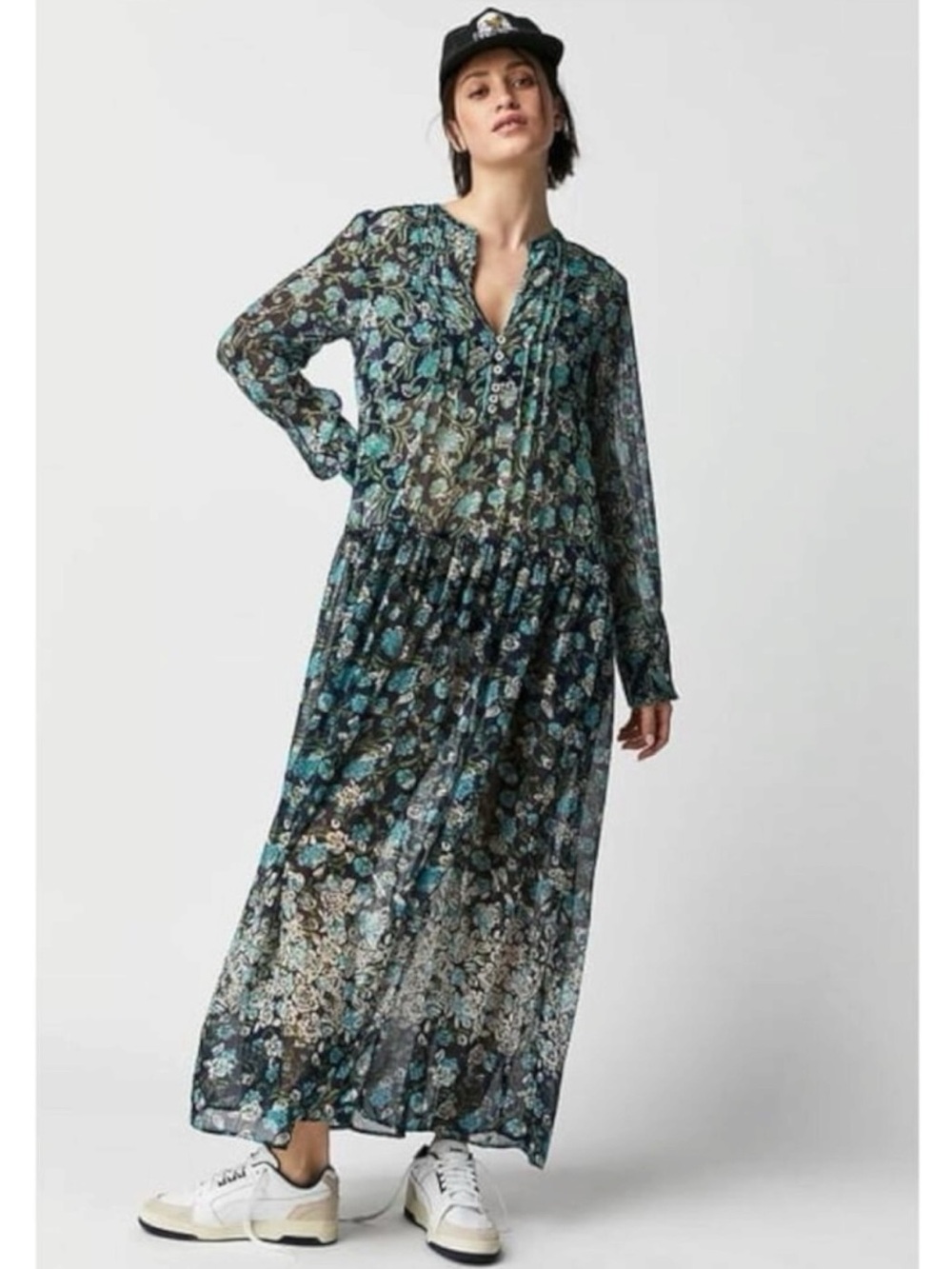 Free people Bohemian See it through Maxi Dress Twilight Floral Medium Retro 70s - Picture 4 of 13